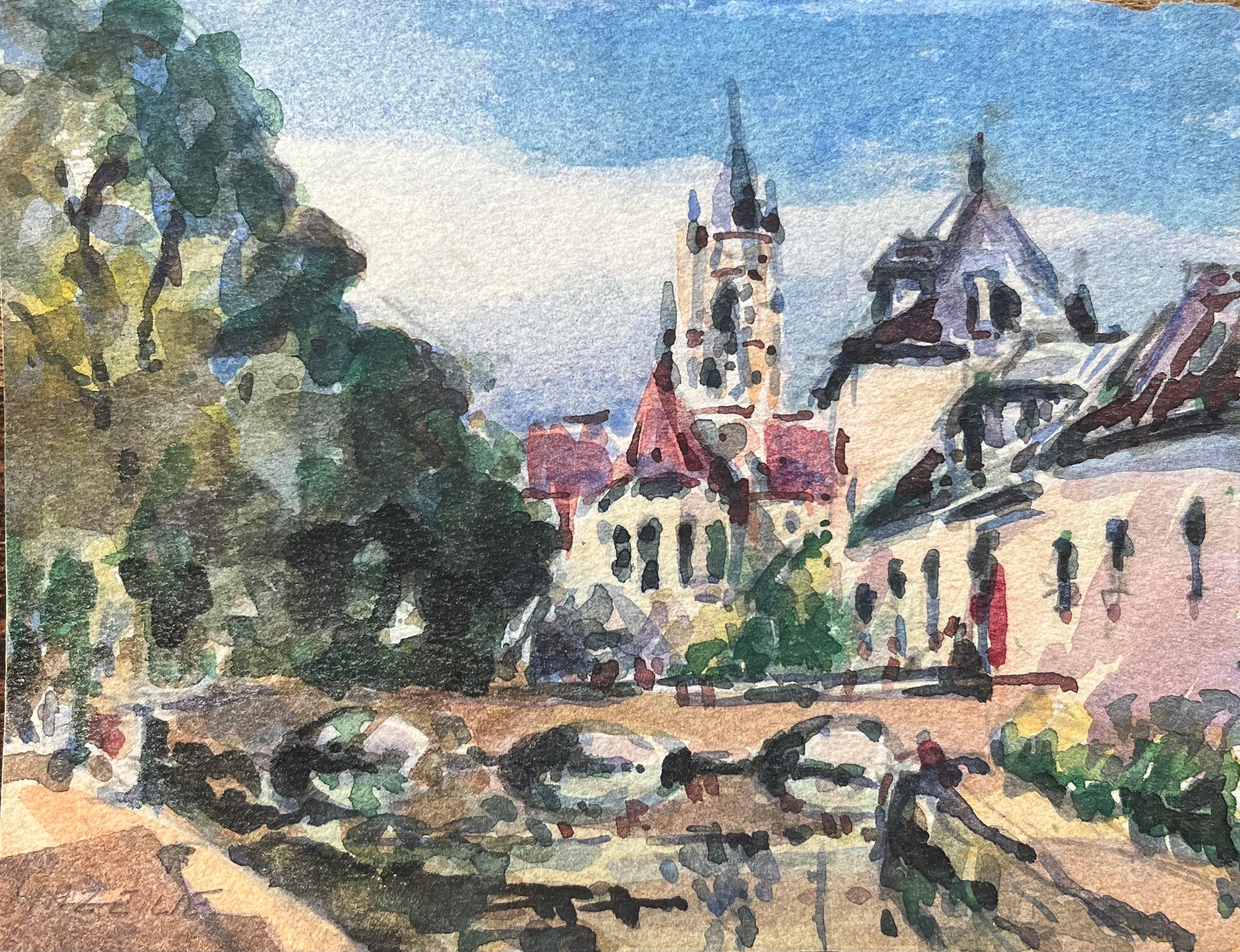 Französischer Impressionist Aquarell einer Flussuferansicht mit Kirchturm