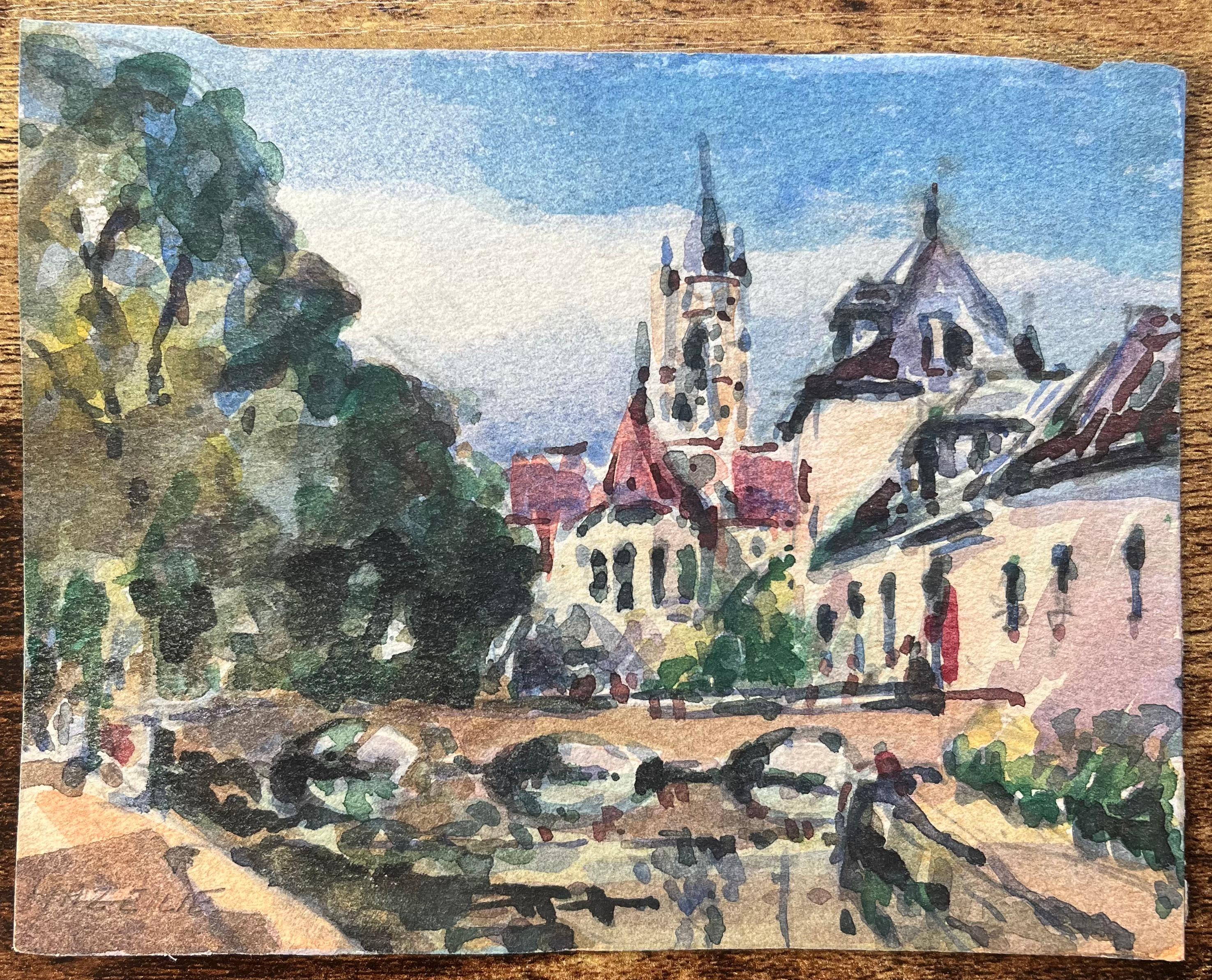Aquarelle impressionniste française d'une vue de bord de rivière avec tour d'église - Impressionnisme Art par Maurice Mazeilie