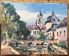 French Impressionist Watercolor of a Riverside View with Church Tower