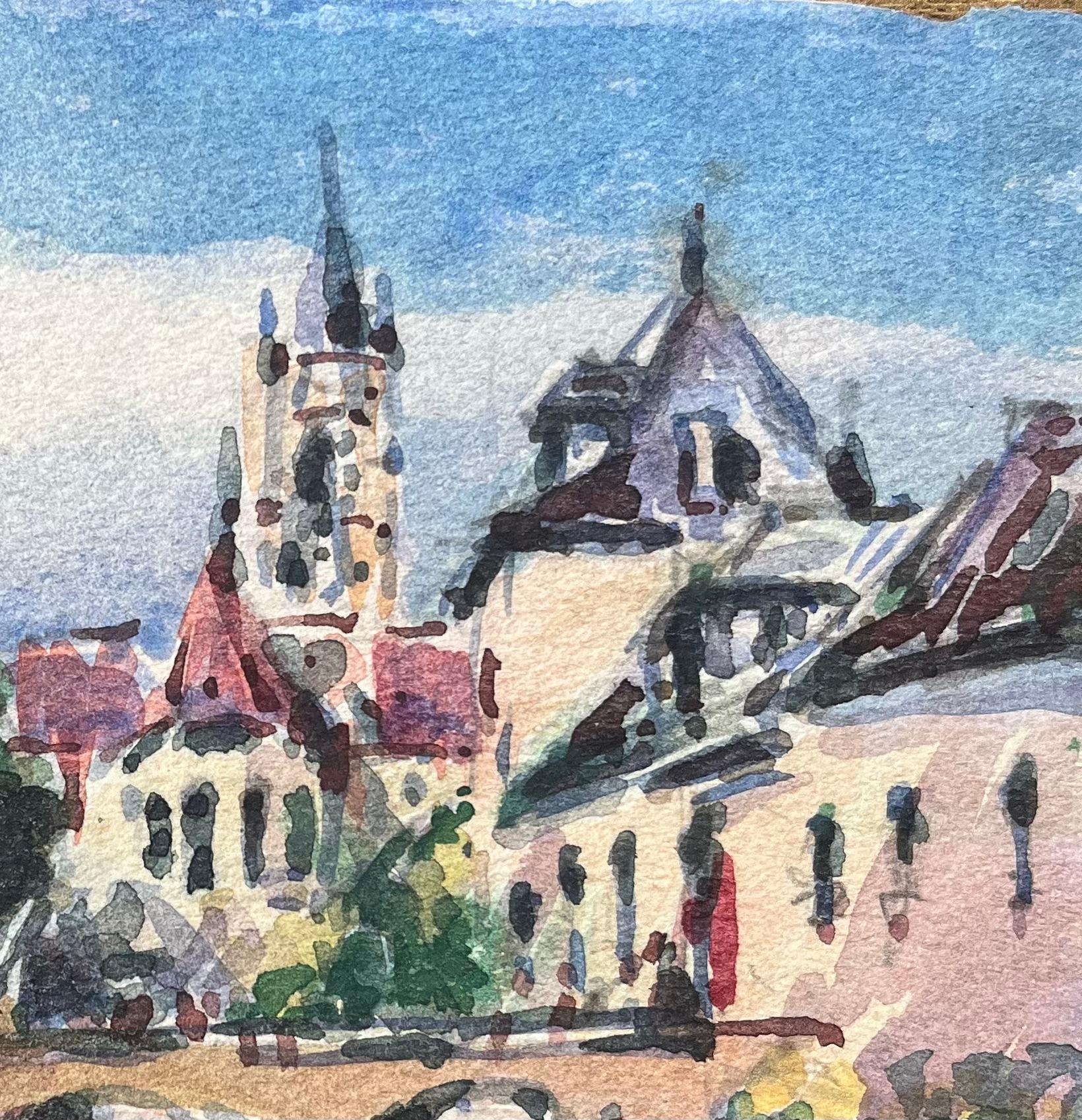 Titre : Aquarelle impressionniste française d'une vue riveraine avec un clocher d'église
Par Maurice Mazeilie (français 1924-2021)
Moyen d'expression : Aquarelle sur papier, non encadrée
Taille : 5 x 6.25 pouces (hauteur x largeur)
Signé :
