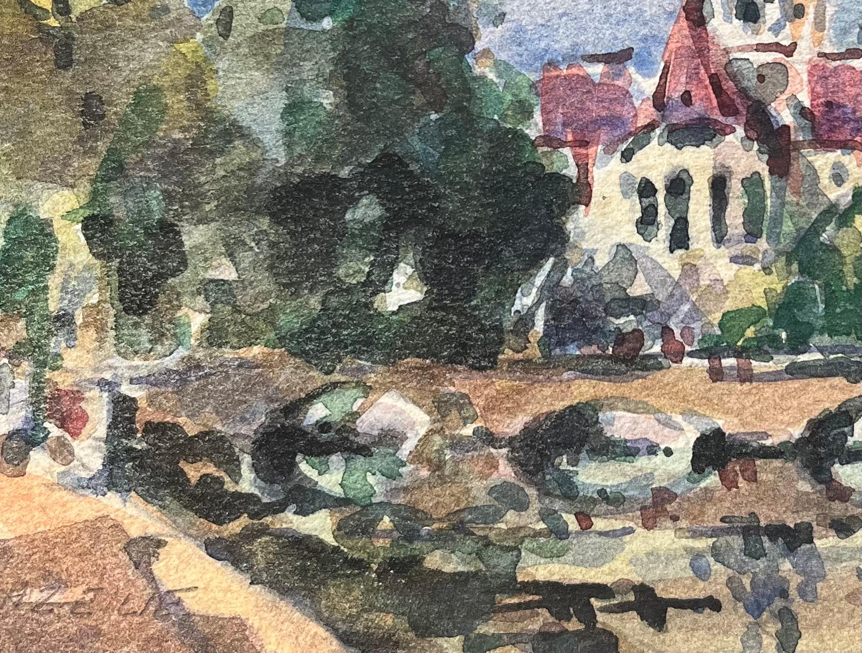 Aquarelle impressionniste française d'une vue de bord de rivière avec tour d'église en vente 2