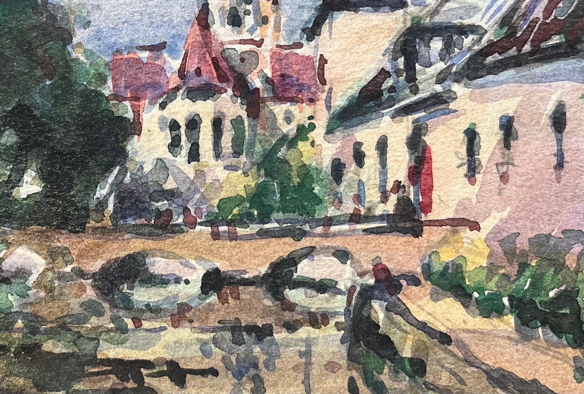 Aquarelle impressionniste française d'une vue de bord de rivière avec tour d'église en vente 1
