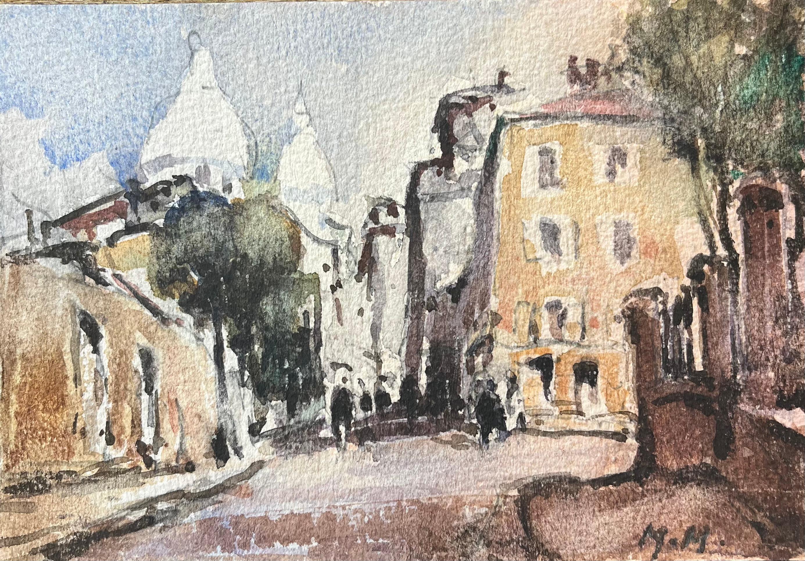 Acquerello impressionista francese di una scena di strada parigina con il Basile del Sacro Cuore
