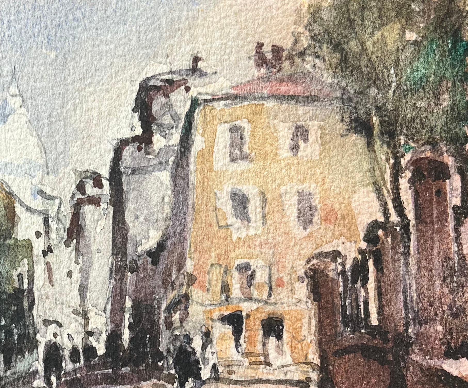 Aquarelle impressionniste française d'une scène de rue parisienne avec la basilique du Sacré-Cœur - Impressionnisme Art par Maurice Mazeilie