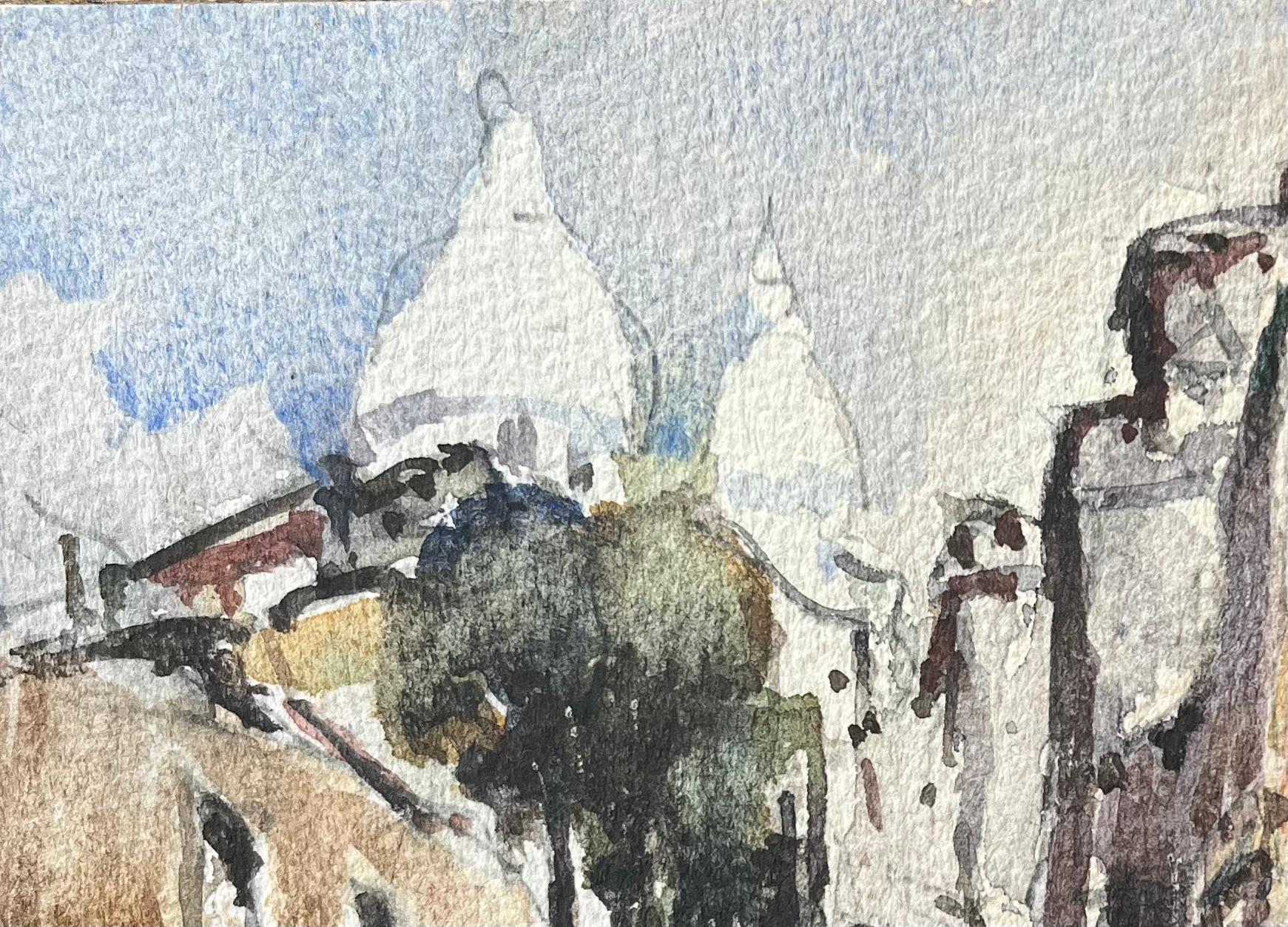 Titre : Aquarelle impressionniste française d'une scène de rue parisienne avec la basilique du Sacré-Cœur
Par Maurice Mazeilie (français 1924-2021)
Moyen d'expression : Aquarelle sur papier, non encadrée
Taille : 4.75 x 7 pouces (hauteur x
