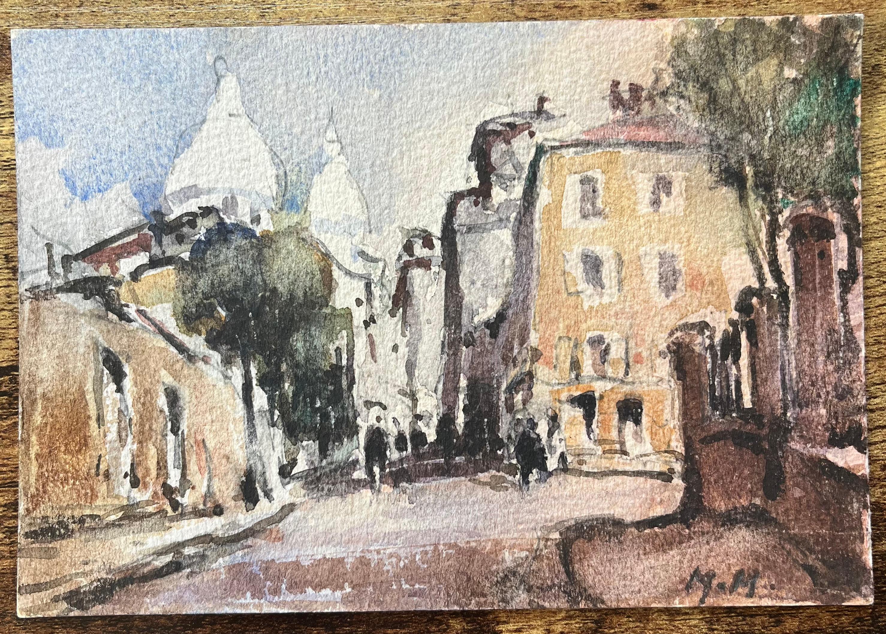 Aquarelle impressionniste française d'une scène de rue parisienne avec la basilique du Sacré-Cœur - Art de Maurice Mazeilie
