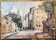 French Impressionist Watercolor of Parisian Street Scene with Sacré-Cœur Basilic