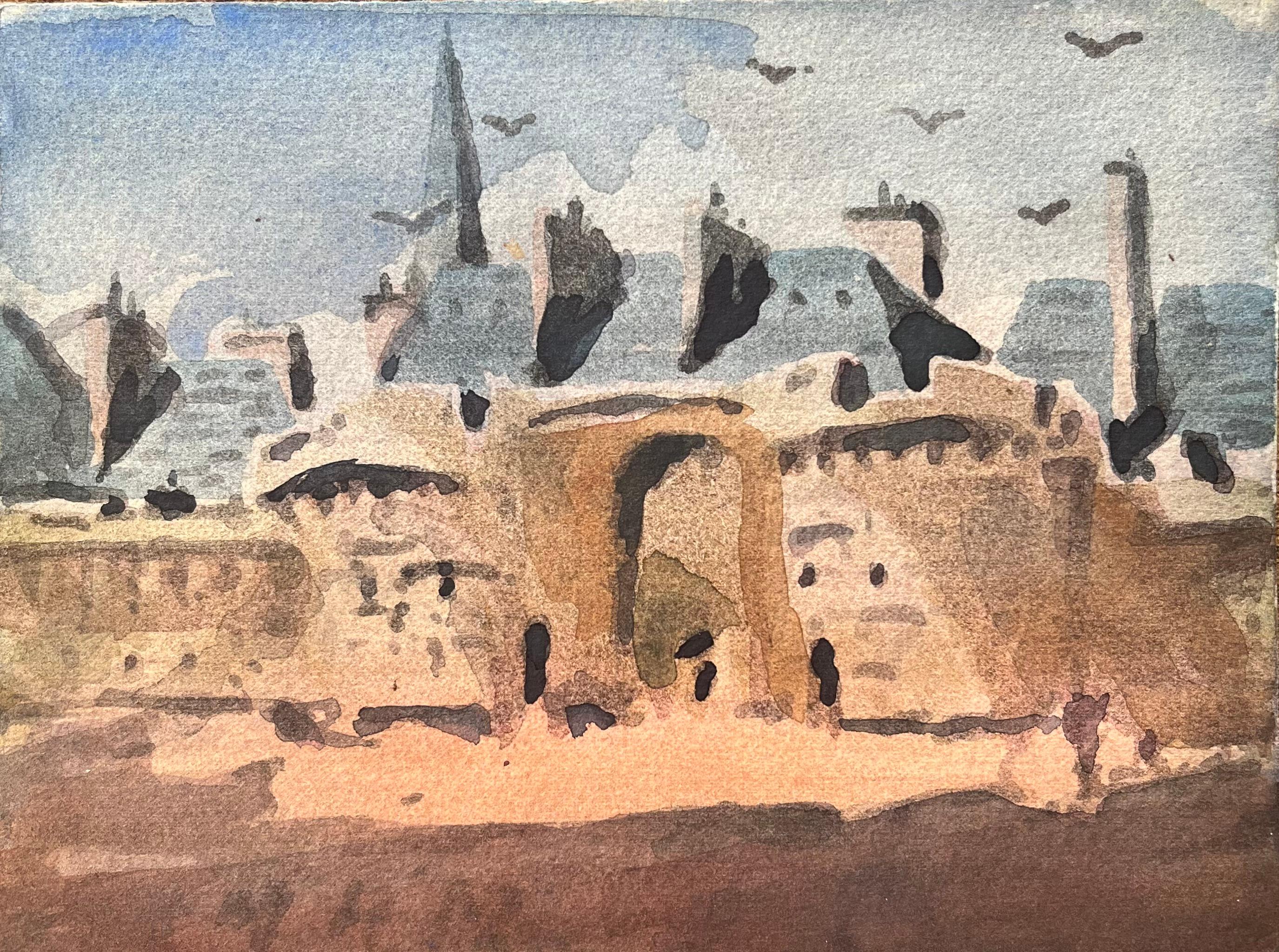 Acquarello impressionista francese di una facciata architettonica storica