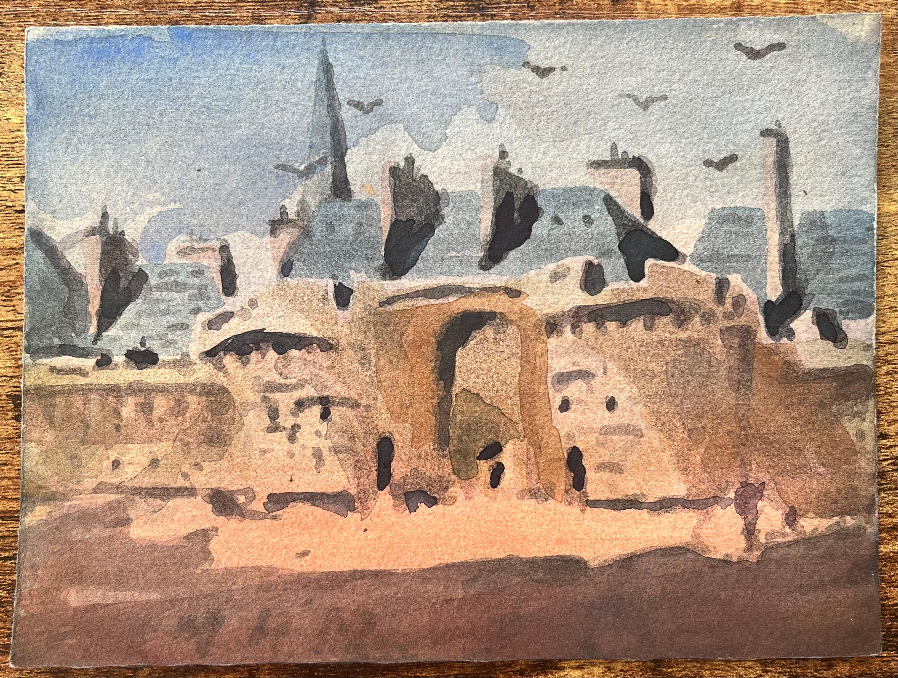 Aquarelle impressionniste française d'une façade architecturale historique - Impressionnisme Art par Maurice Mazeilie