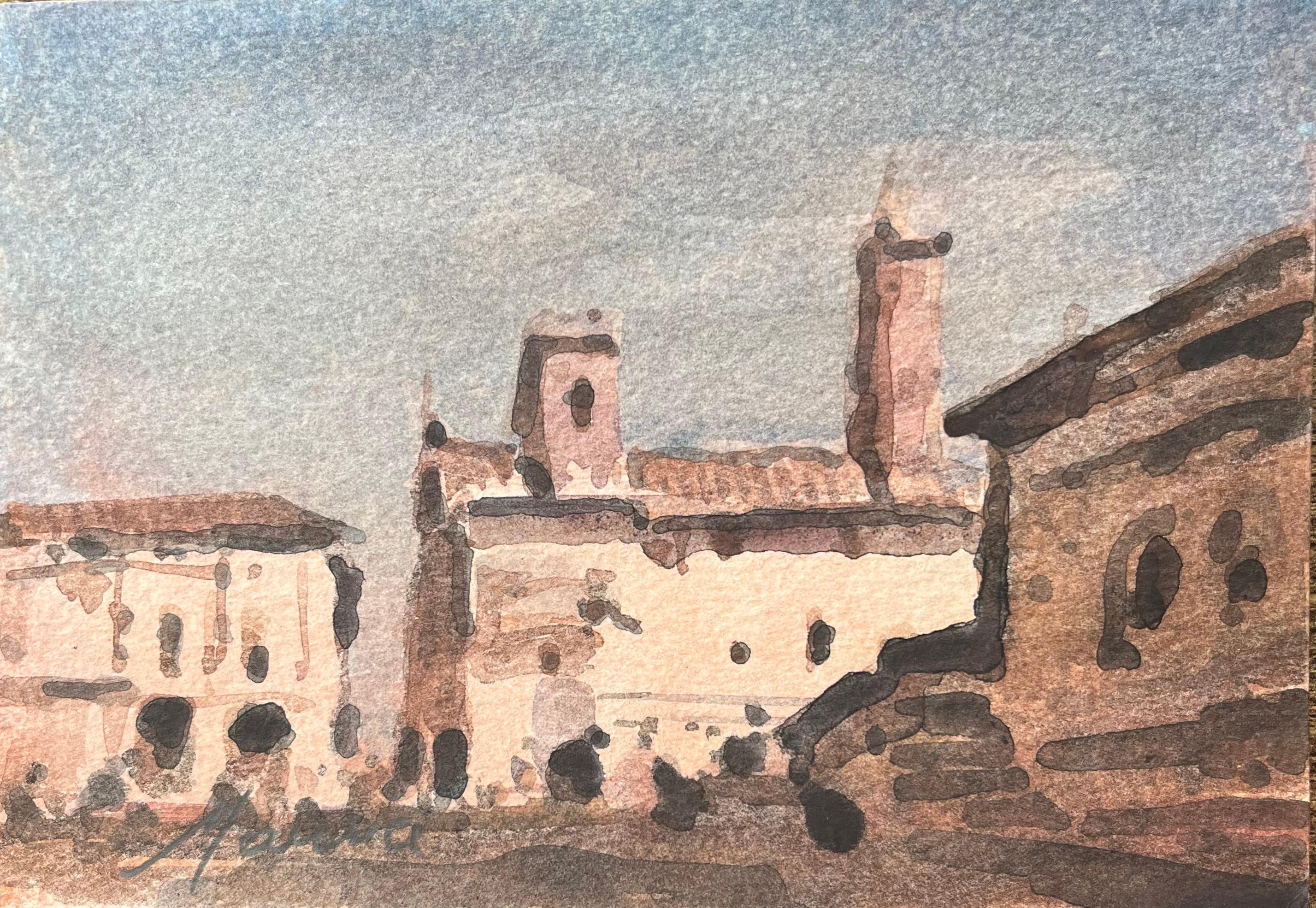 Landscape Art di Maurice Mazeilie - Acquerello impressionista francese di una piazza illuminata dal sole con una torre