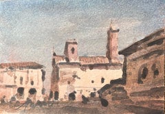 Aquarelle impressionniste française d'une place de Townes éclairée par le soleil avec une tour
