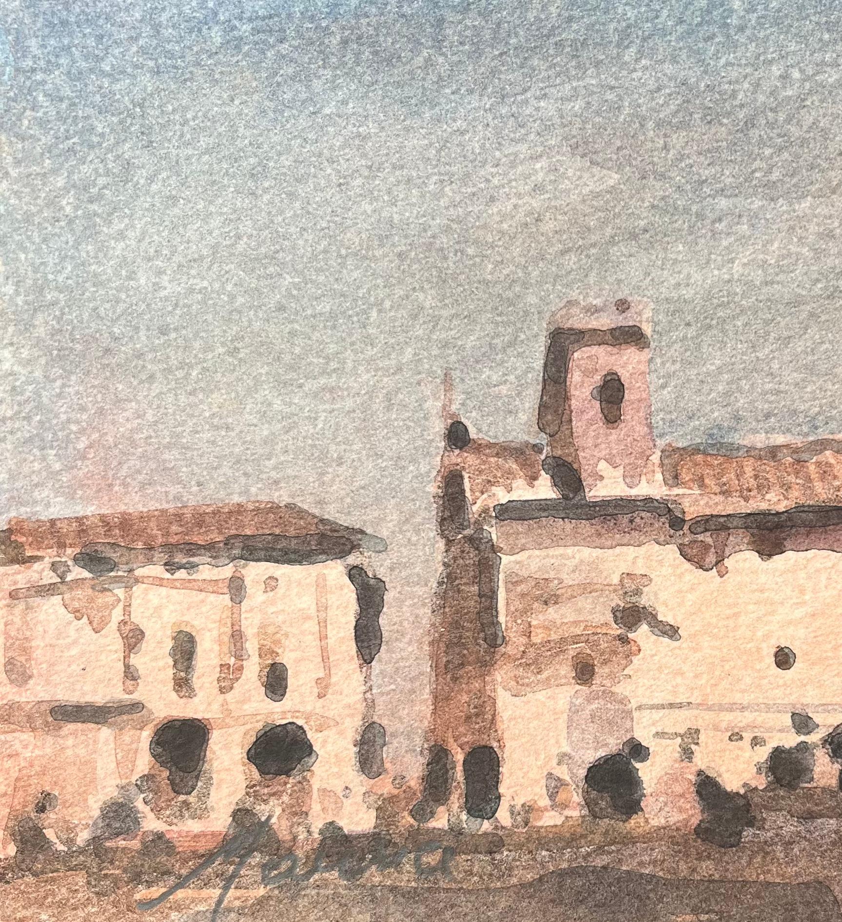 Acquerello impressionista francese di una piazza illuminata dal sole con una torre - Art Impressionismo di Maurice Mazeilie