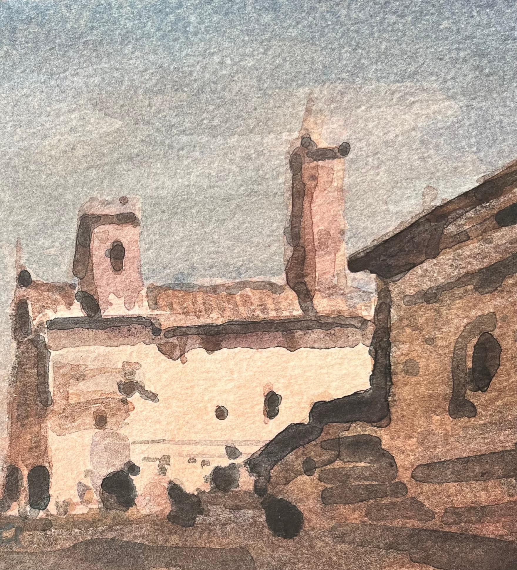 Acquerello impressionista francese di una piazza illuminata dal sole con una torre - Landscape Art Beige di Maurice Mazeilie