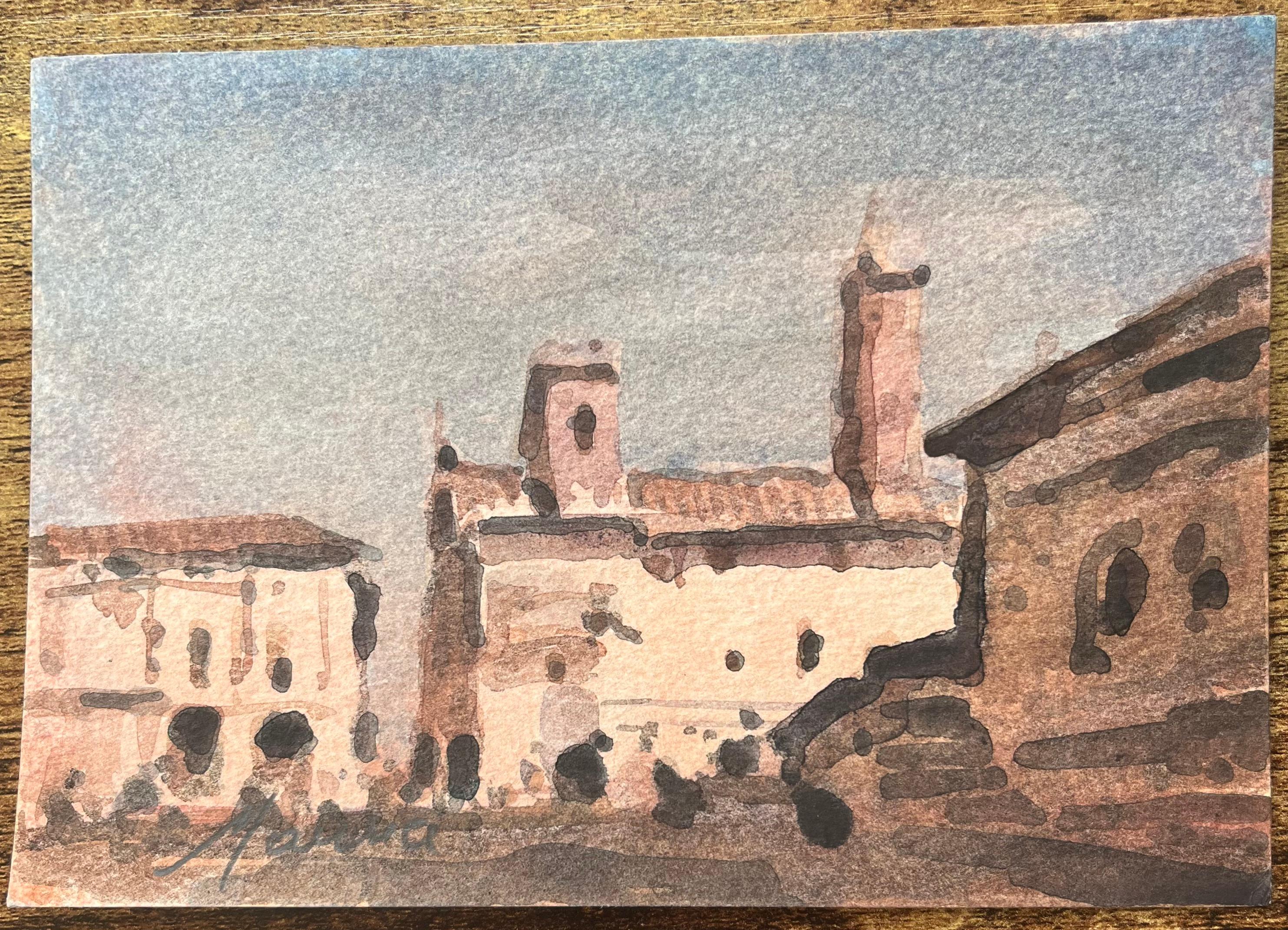 Acquerello impressionista francese di una piazza illuminata dal sole con una torre - Art di Maurice Mazeilie