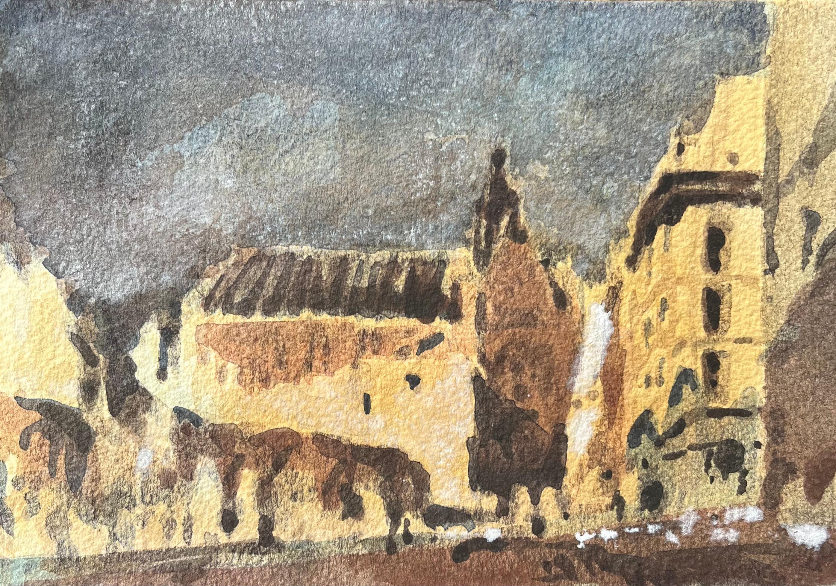 Acquarello impressionista francese di una piazza illuminata dal sole con edifici architettonici