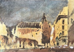 Aquarelle impressionniste française d'une place ensoleillée avec des bâtiments architecturaux