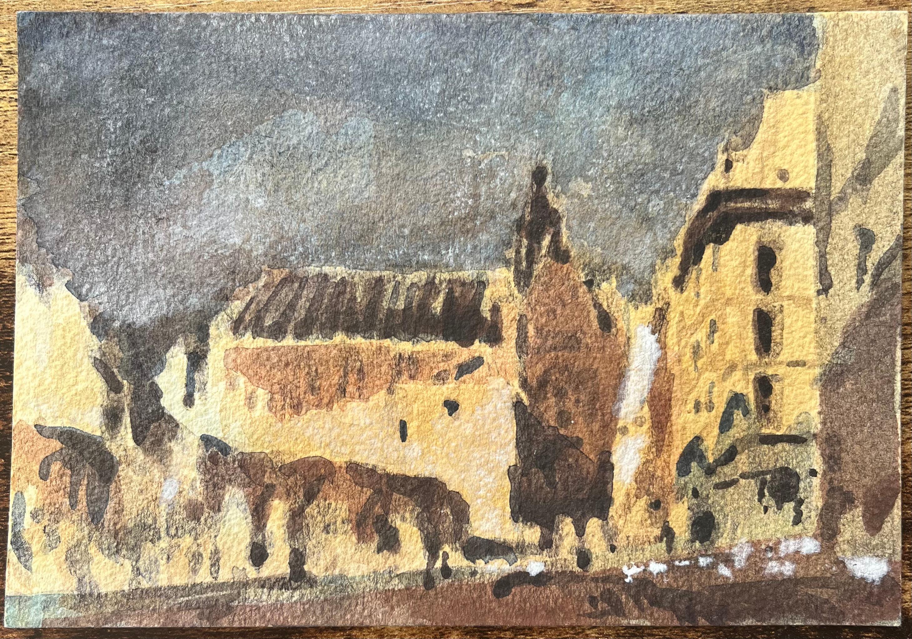 French Impressionist Watercolor of a Sunlit Square with Architectural Buildings - Art by Maurice Mazeilie