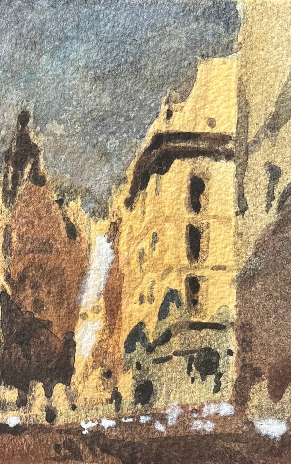 Title: French Impressionist Watercolor of a Sunlit Square with Architectural Buildings
By Maurice Mazeilie (French 1924-2021)
Medium: Watercolor on paper, unframed
Size: 4.75 x 7 inches (Height x Width)
Stamped: Verso
Condition: Good, with signs of
