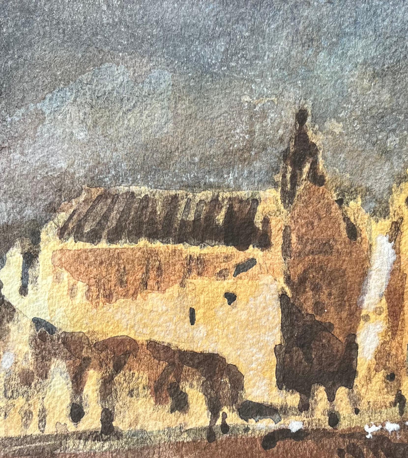 French Impressionist Watercolor of a Sunlit Square with Architectural Buildings - Brown Landscape Art by Maurice Mazeilie