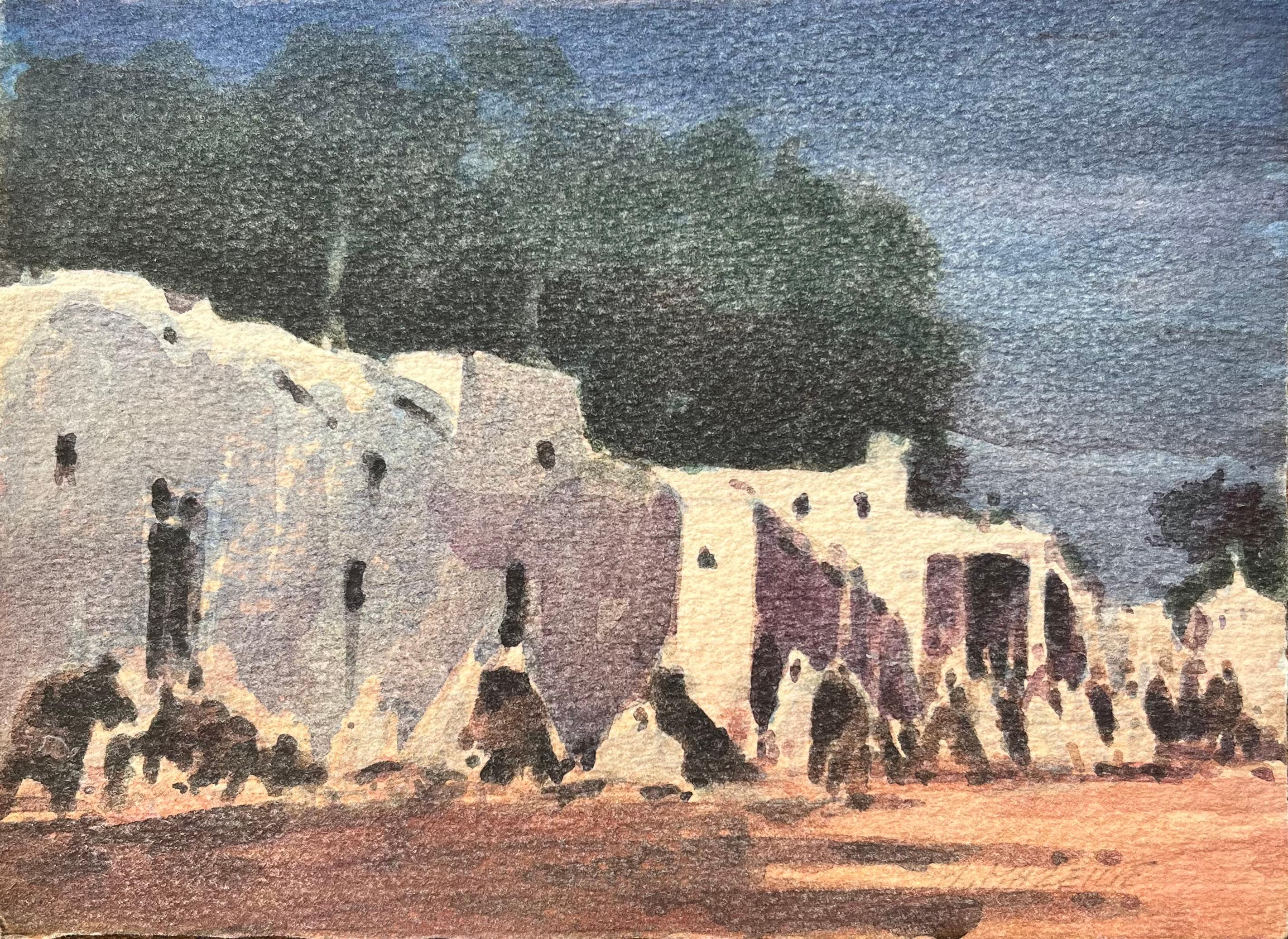 Acquerello impressionista francese di un villaggio tradizionale imbiancato a calce - Art di Maurice Mazeilie