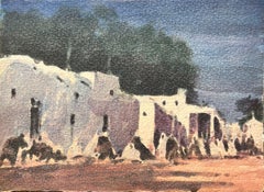 Aquarelle impressionniste française d'un village traditionnel blanchi à la chaux