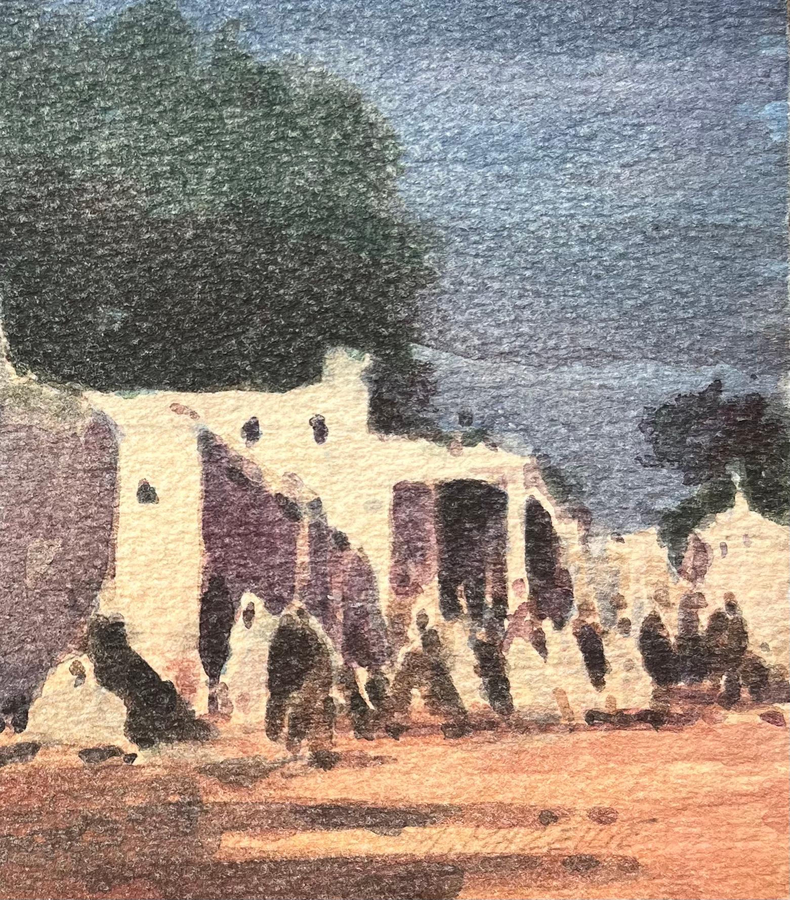 Acquerello impressionista francese di un villaggio tradizionale imbiancato a calce - Art Impressionismo di Maurice Mazeilie