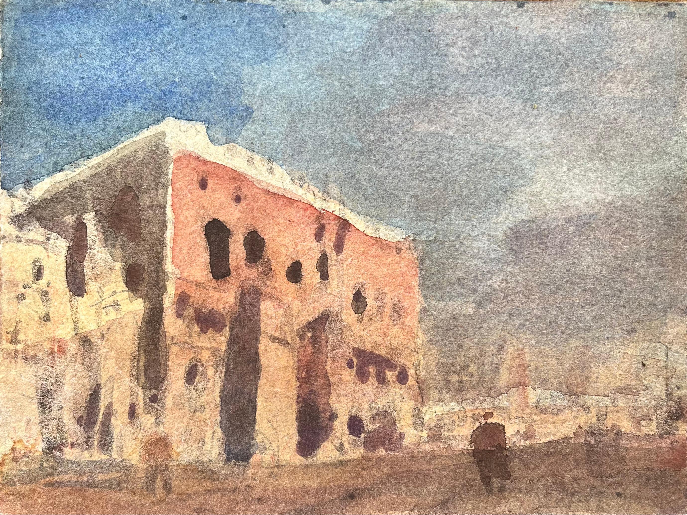 Französischer Impressionist Aquarell eines sonnenbeschienenen Gebäudes auf einem Townes-Platz