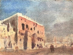 Aquarelle impressionniste française d'un bâtiment ensoleillé sur une place de Townes