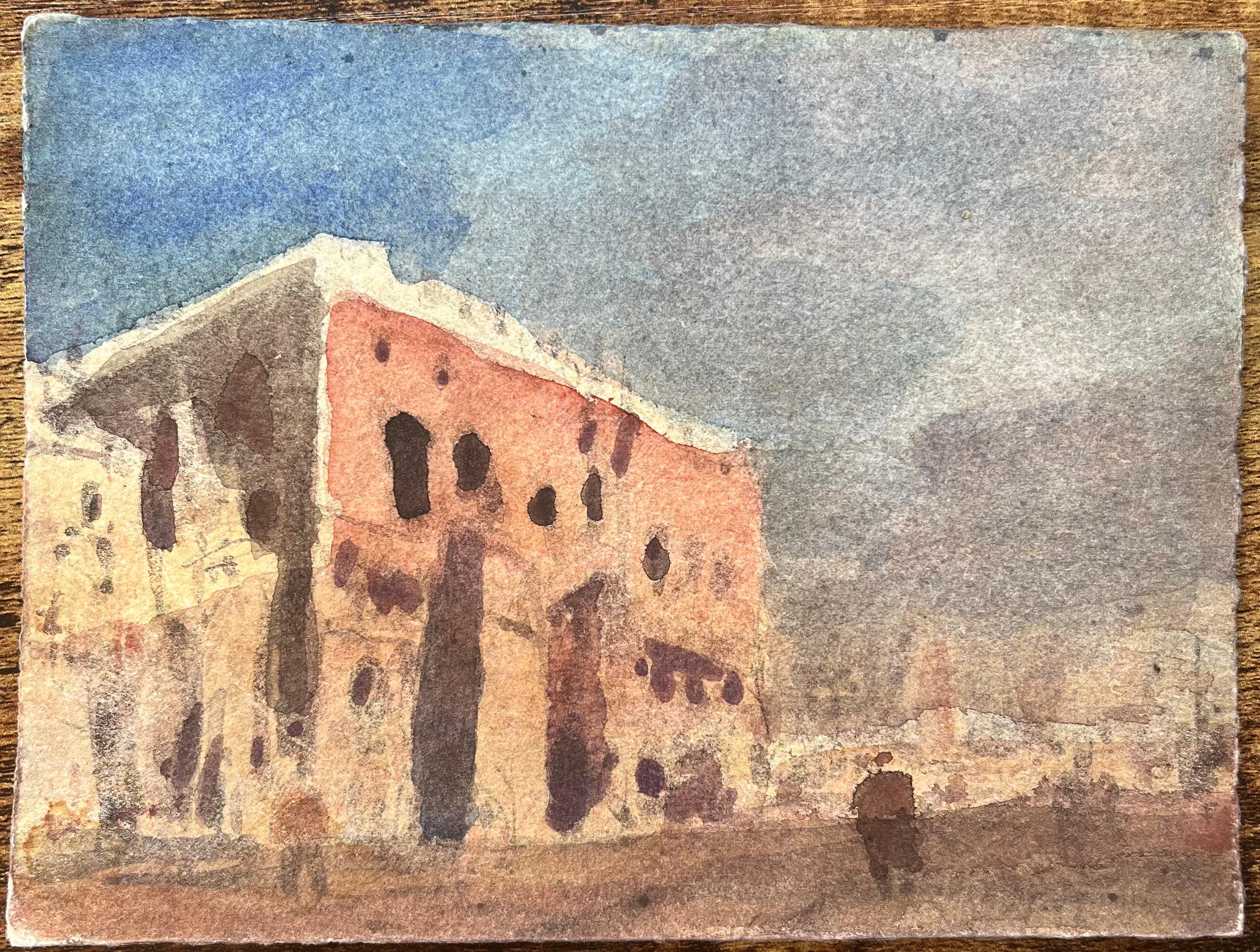 Aquarelle impressionniste française d'un bâtiment ensoleillé sur une place de Townes - Art de Maurice Mazeilie