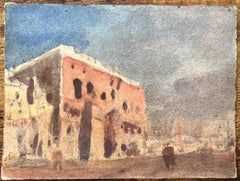 French Impressionist Watercolor of a Sunlit Building in a Town Square