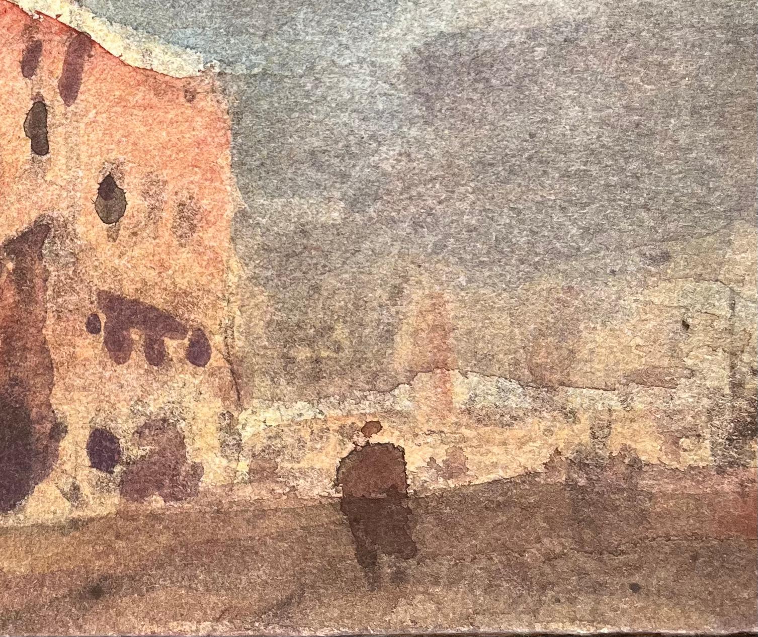 Aquarelle impressionniste française d'un bâtiment ensoleillé sur une place de Townes - Impressionnisme Art par Maurice Mazeilie