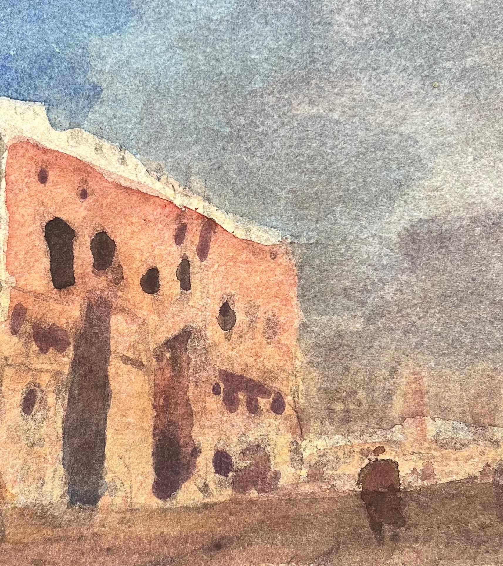 Aquarelle impressionniste française d'un bâtiment ensoleillé sur une place de Townes - Marron Landscape Art par Maurice Mazeilie
