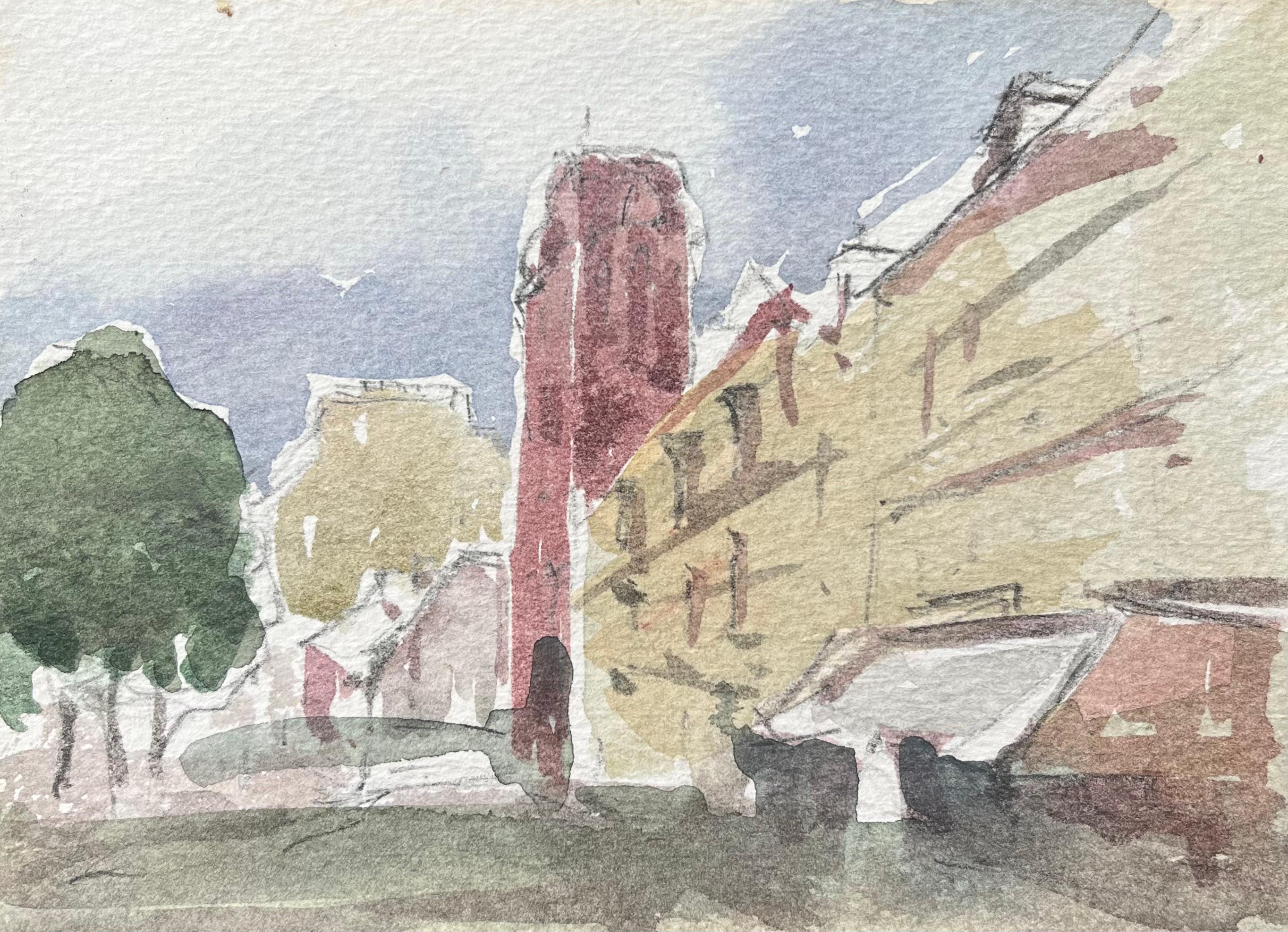 Aquarelle impressionniste française d'une rue de courtoisie avec une tour rouge