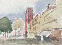 Aquarelle impressionniste française d'une rue de courtoisie avec une tour rouge