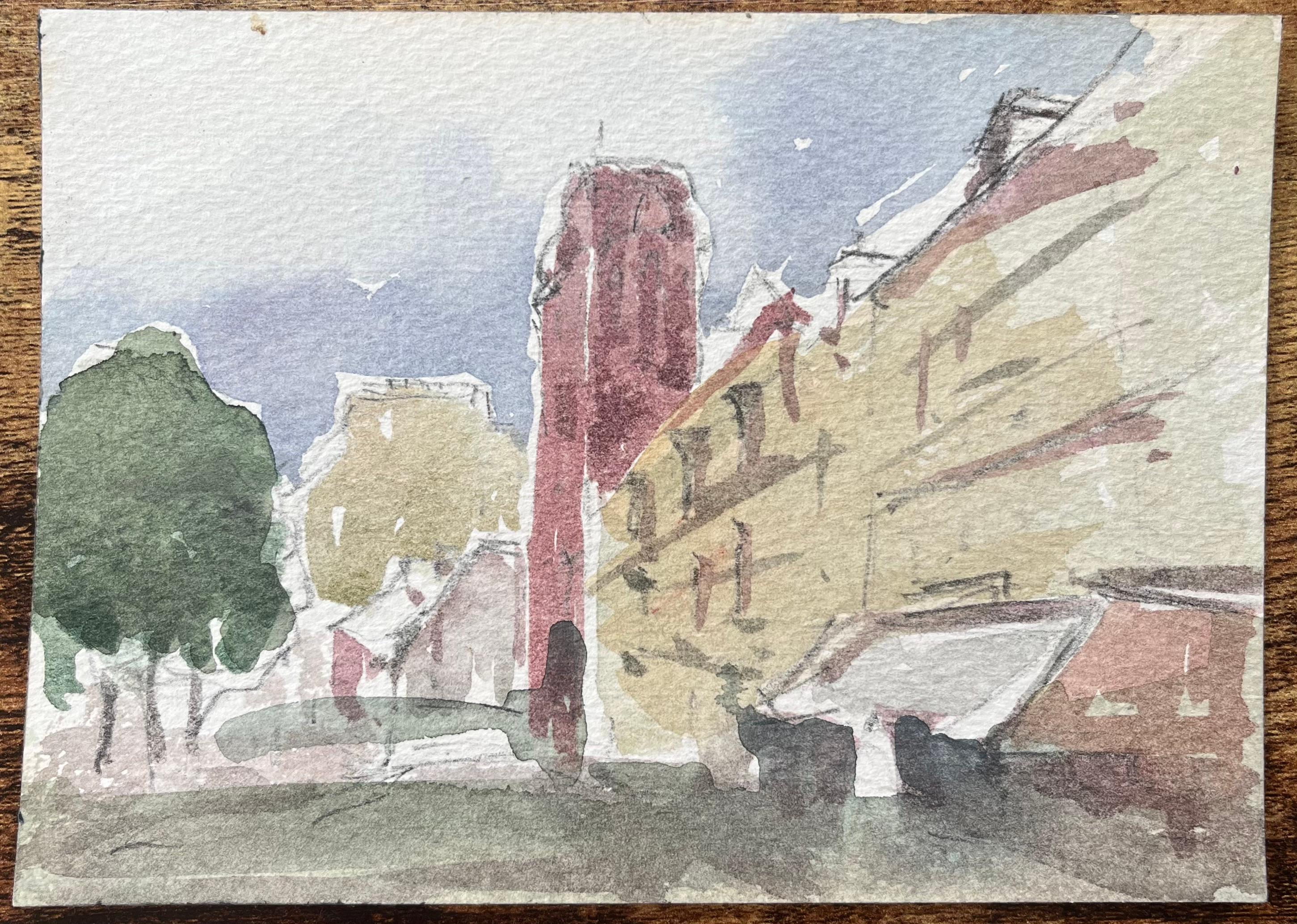 Aquarelle impressionniste française d'une rue de courtoisie avec une tour rouge - Impressionnisme Art par Maurice Mazeilie