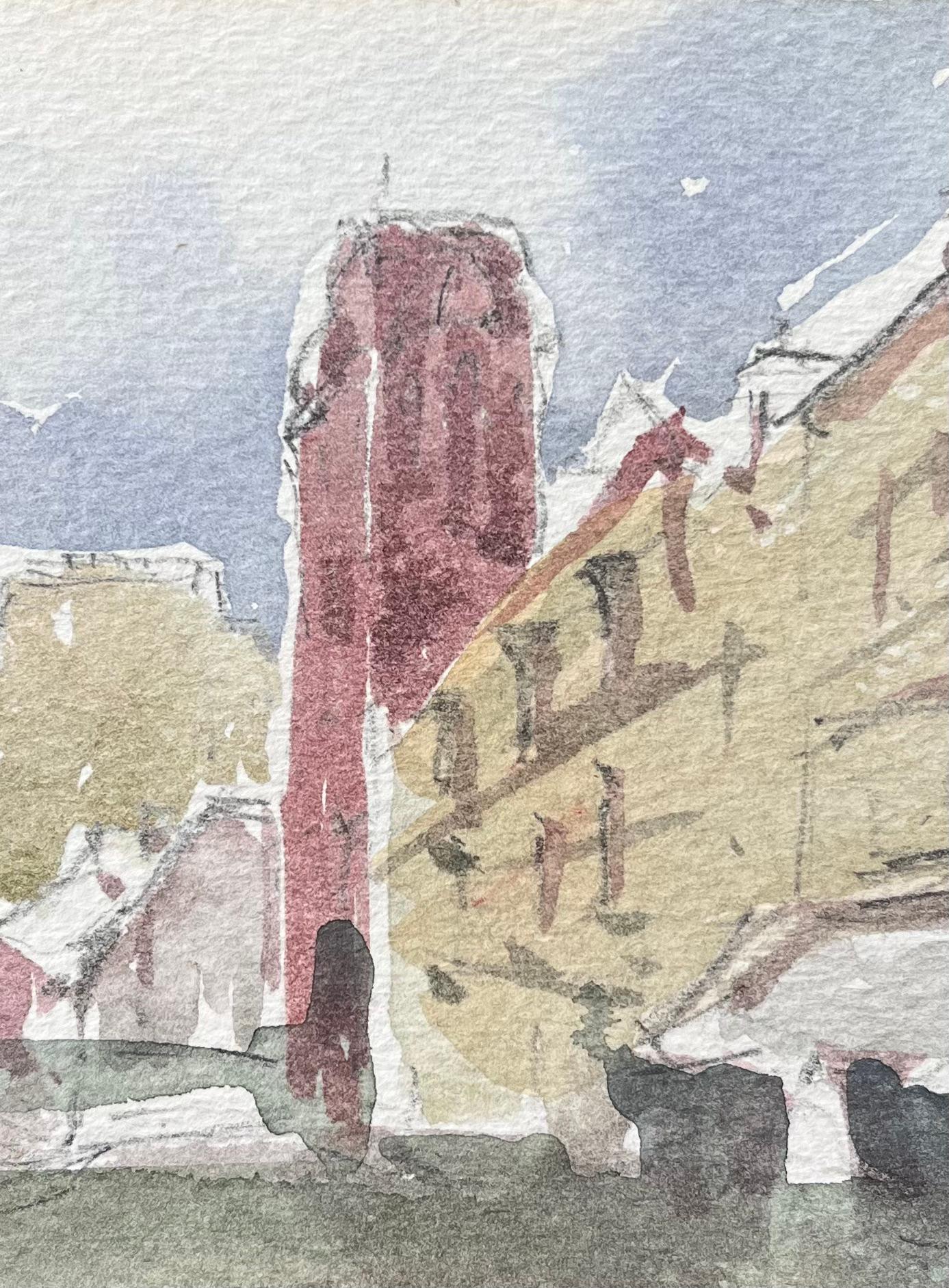 Aquarelle impressionniste française d'une rue de courtoisie avec une tour rouge en vente 1
