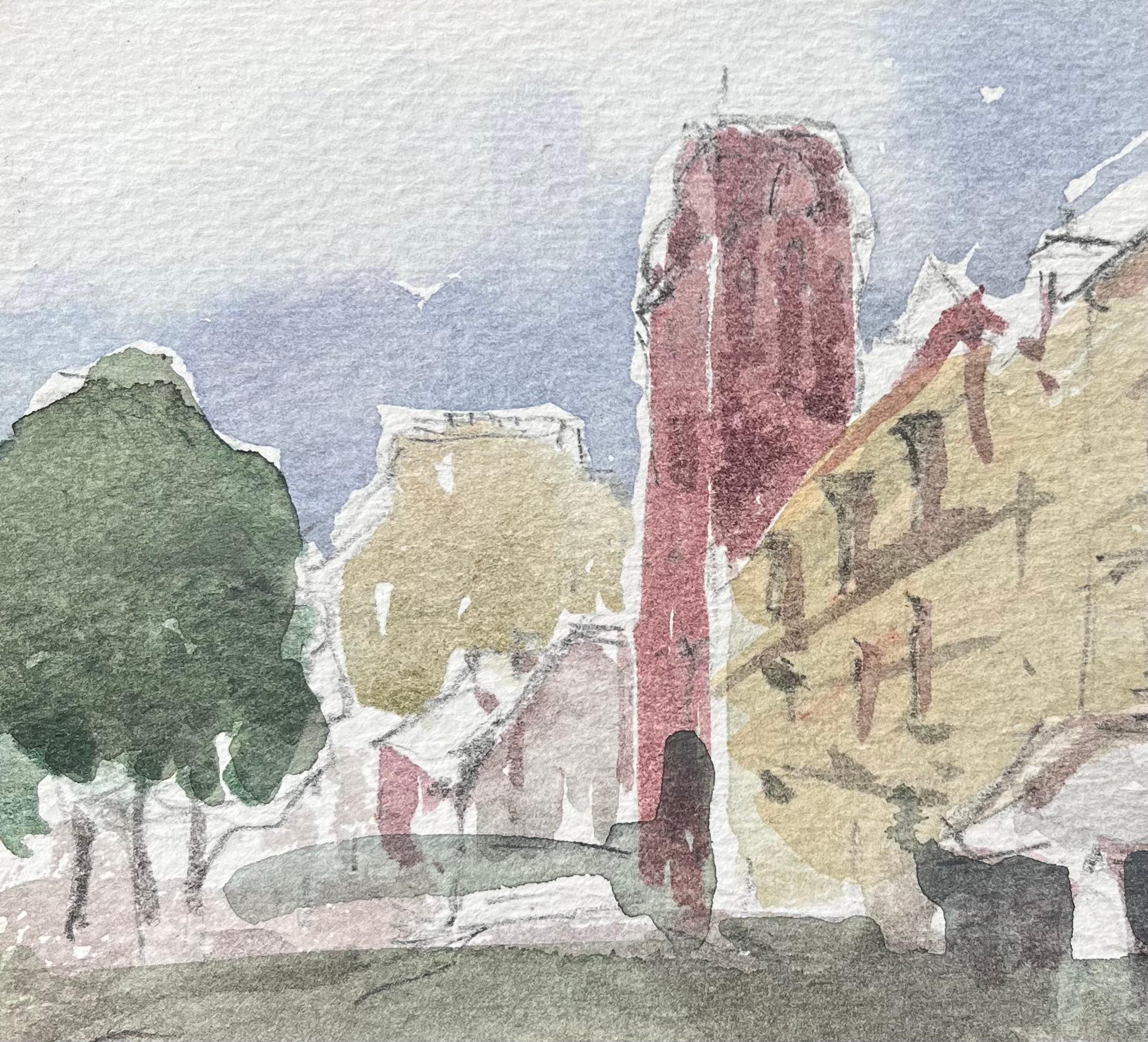 Aquarelle impressionniste française d'une rue de courtoisie avec une tour rouge en vente 2