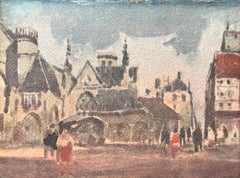 Aquarelle impressionniste française de Busteling Town Square avec architecture gothique