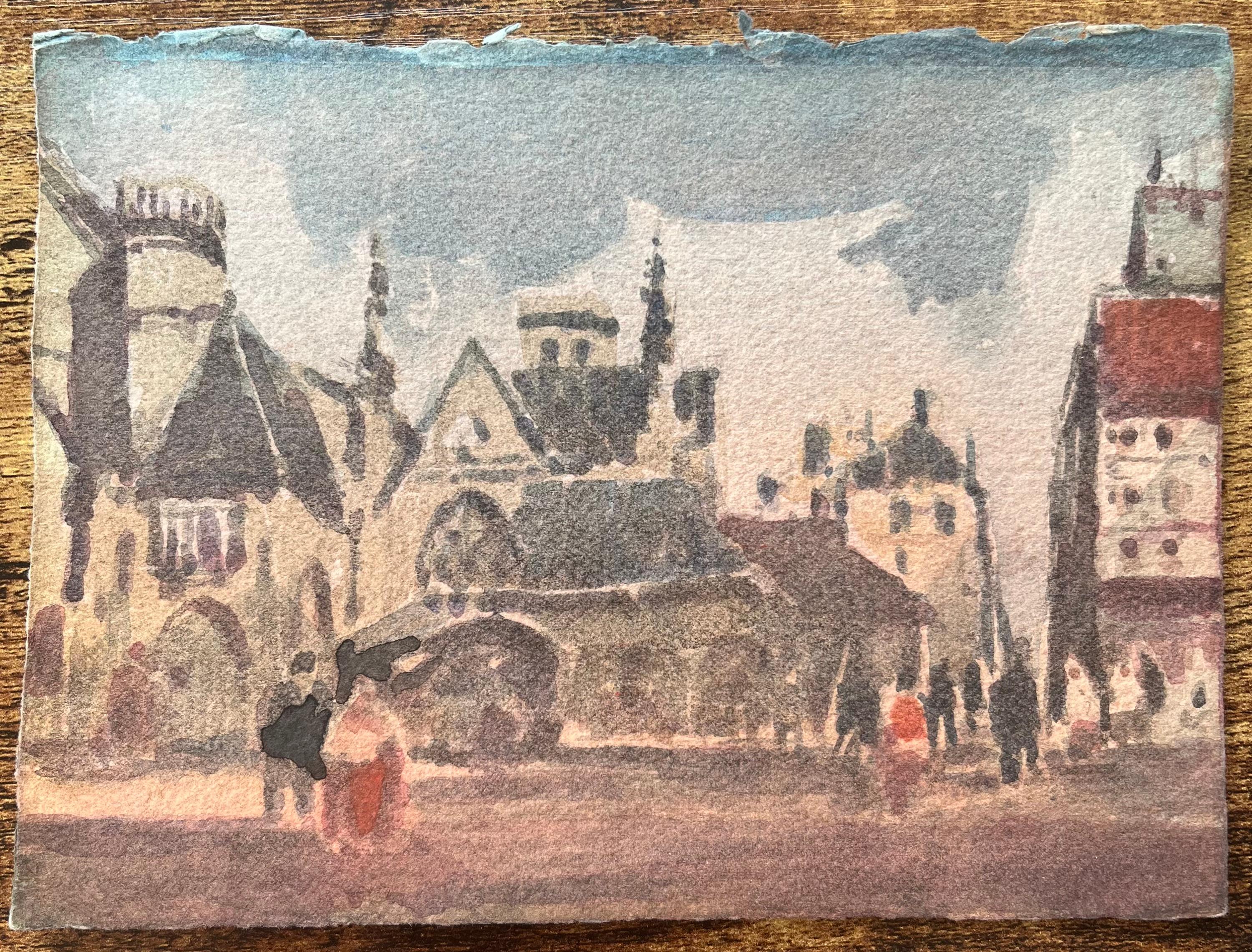 Aquarelle impressionniste française de Busteling Town Square avec architecture gothique - Impressionnisme Art par Maurice Mazeilie