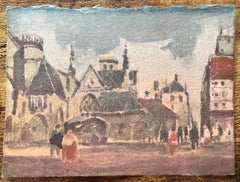French Impressionist Watercolor of Bustling Town Square with Gothic Architecture