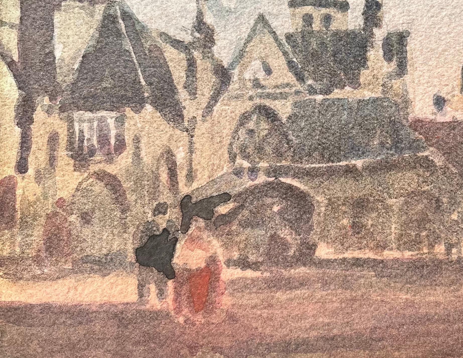 Titre : Aquarelle impressionniste française d'une place de ville animée à l'architecture gothique
Par Maurice Mazeilie (français 1924-2021)
Moyen d'expression : Aquarelle sur papier, non encadrée
Taille : 5.5 x 7.5 pouces (hauteur x