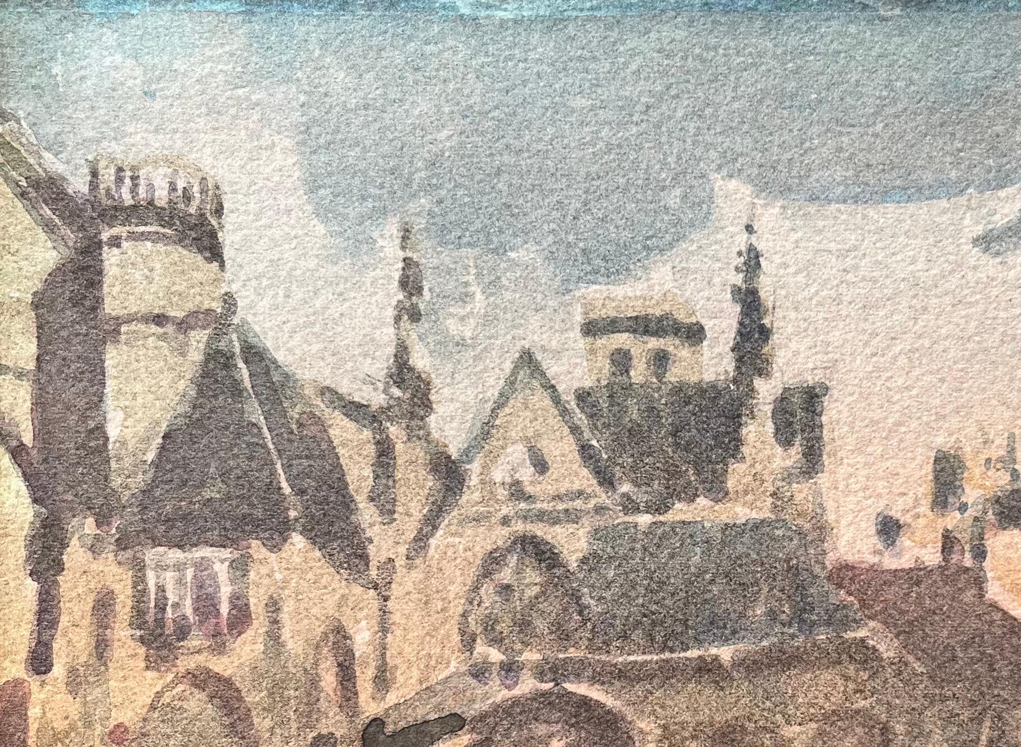 Aquarelle impressionniste française de Busteling Town Square avec architecture gothique en vente 2