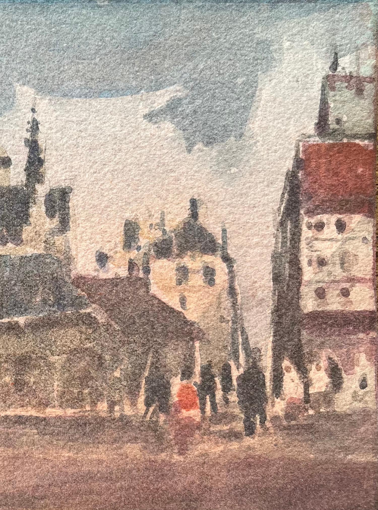Aquarelle impressionniste française de Busteling Town Square avec architecture gothique en vente 1