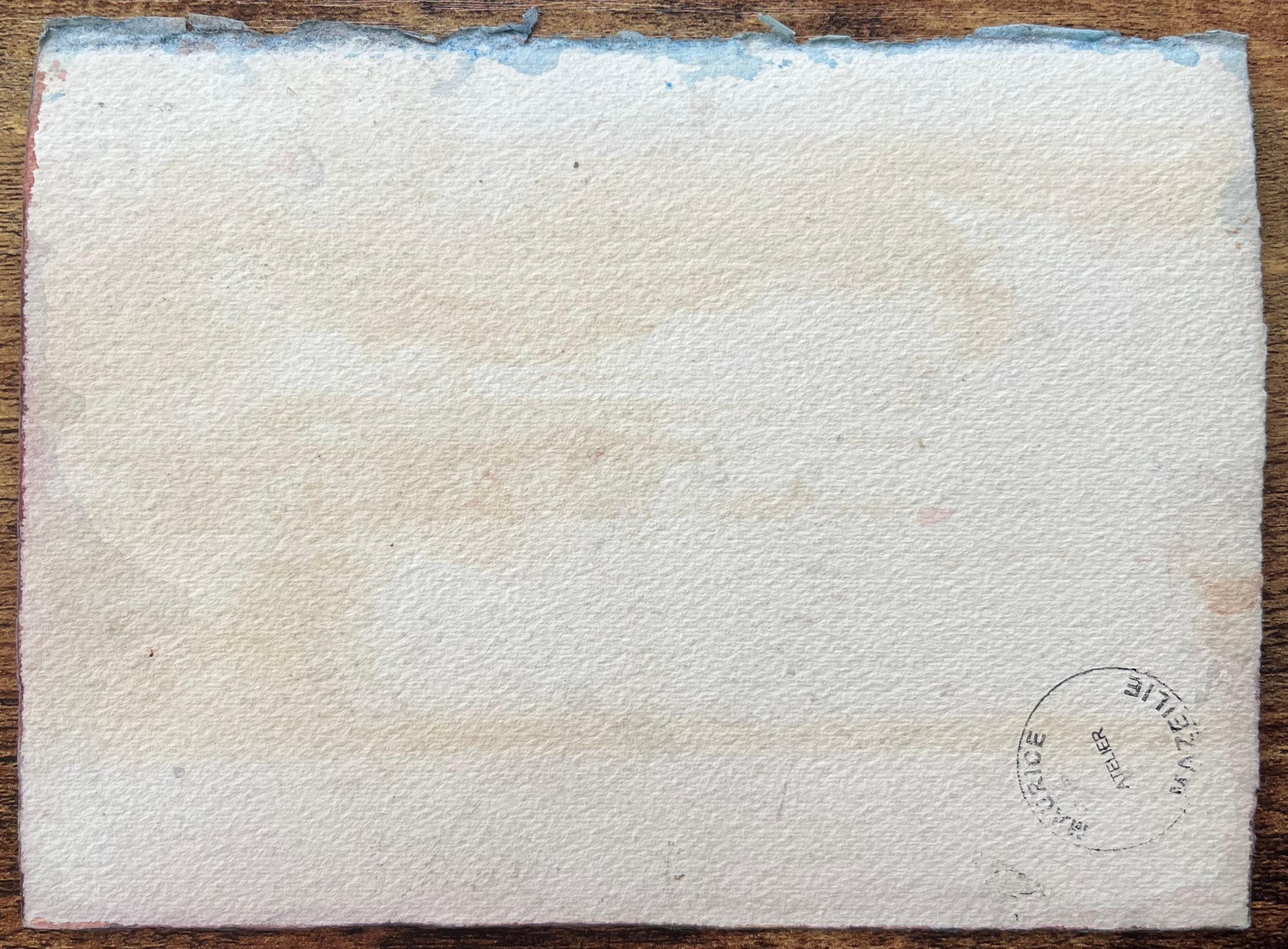 Aquarelle impressionniste française de Busteling Town Square avec architecture gothique en vente 3