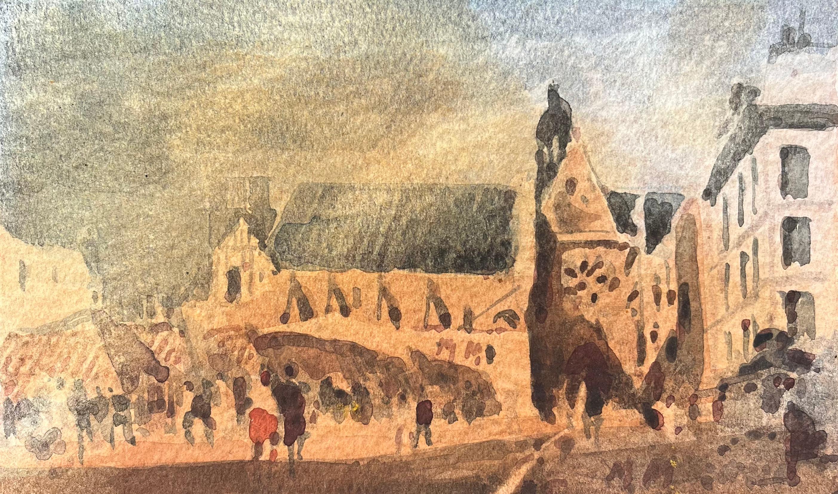 Maurice Mazeilie Landscape Art - French Impressionist Watercolor of a Bustling Market Scene with Gothic Church