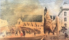 Aquarelle impressionniste française d'une scène de marché animée avec une église gothique