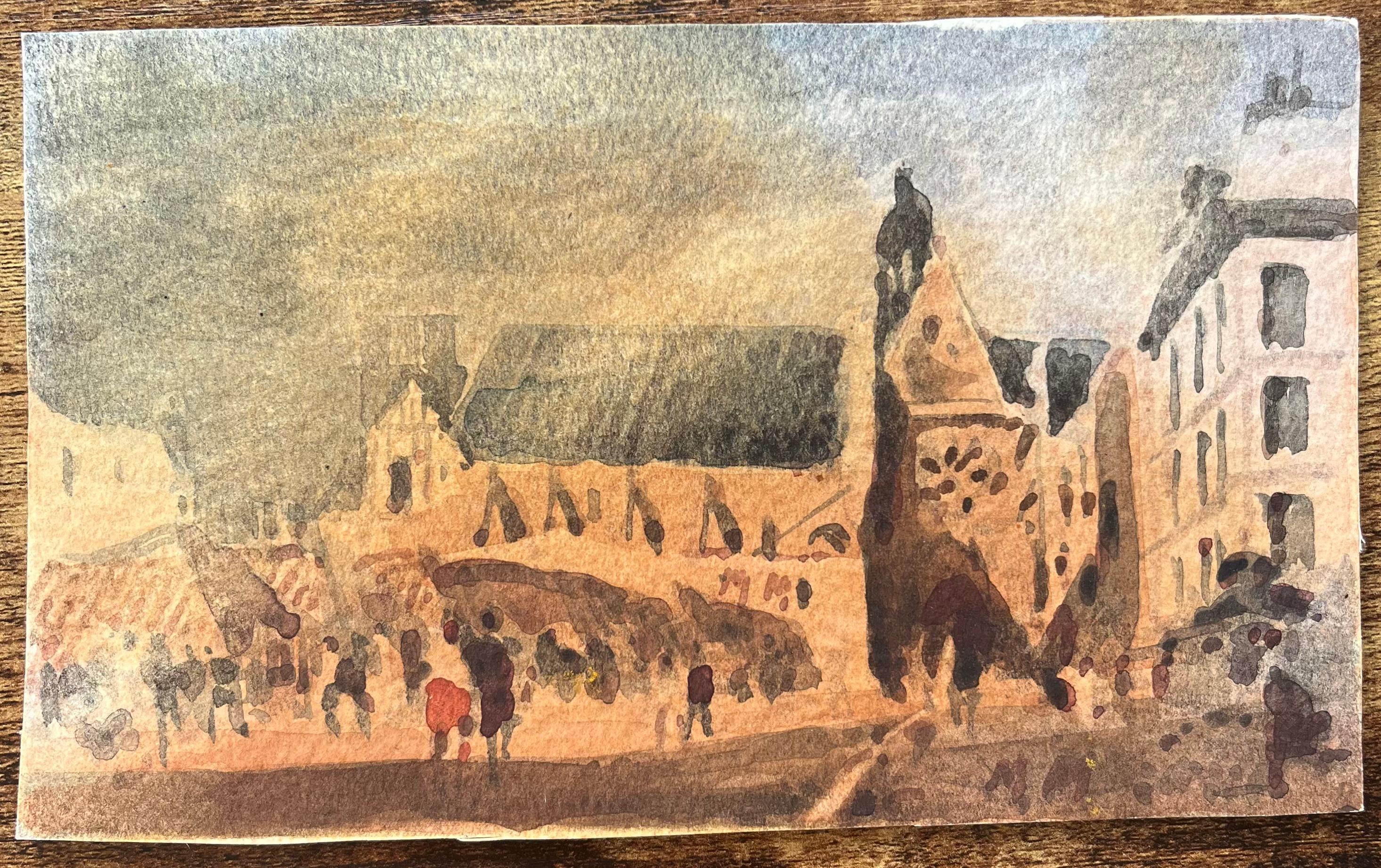 French Impressionist Watercolor of a Bustling Market Scene with Gothic Church - Art by Maurice Mazeilie