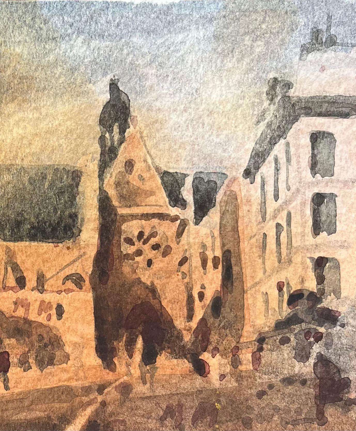 French Impressionist Watercolor of a Bustling Market Scene with Gothic Church - Beige Landscape Art by Maurice Mazeilie