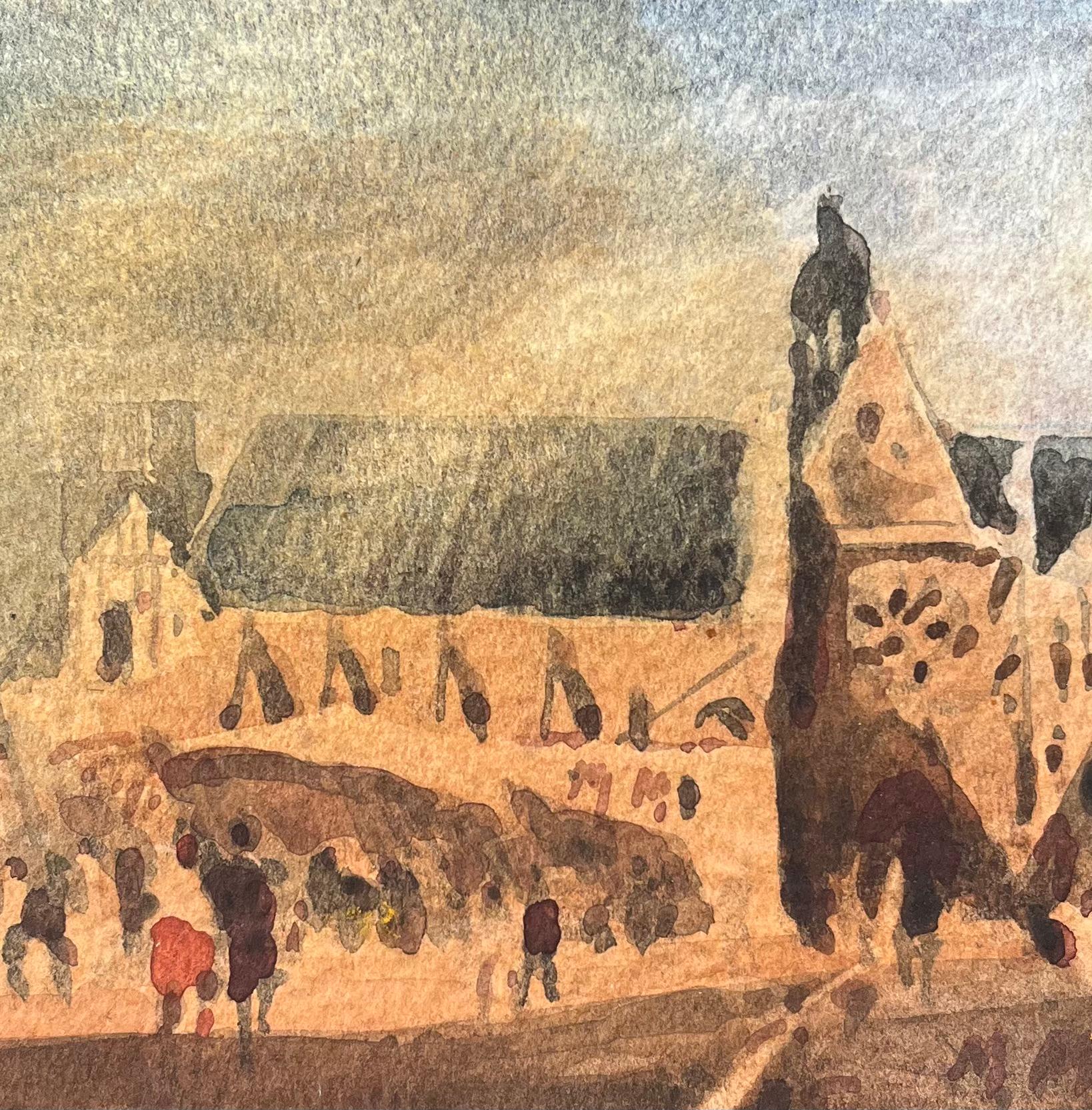 Title: French Impressionist Watercolor of Bustling Town Square with Gothic Architecture
By Maurice Mazeilie (French 1924-2021)
Medium: Watercolor on paper, unframed
Size: 5.25 x 8.75 inches (Height x Width)
Stamped: Verso
Condition: Good, with signs