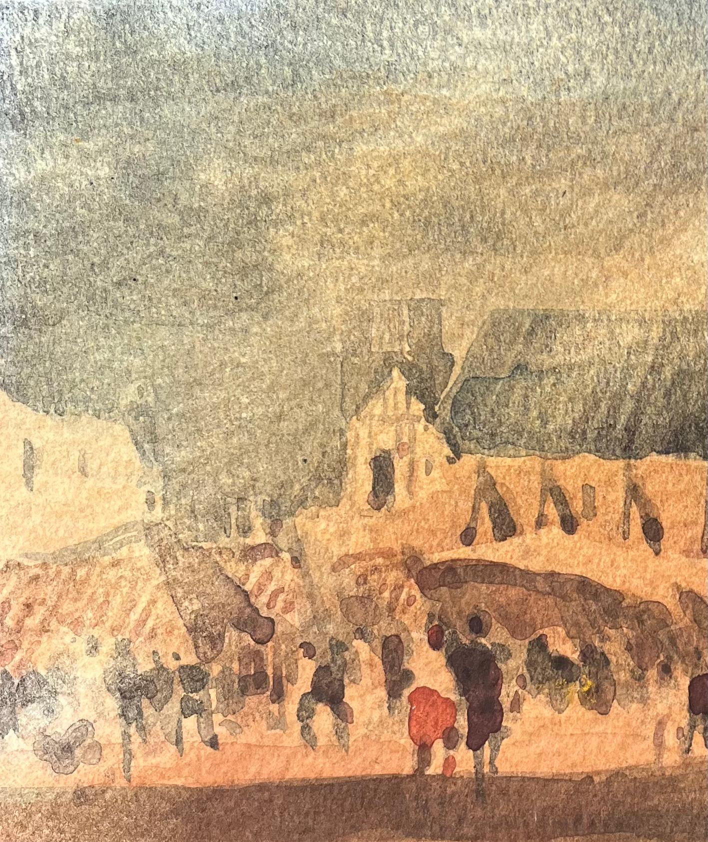 French Impressionist Watercolor of a Bustling Market Scene with Gothic Church For Sale 1